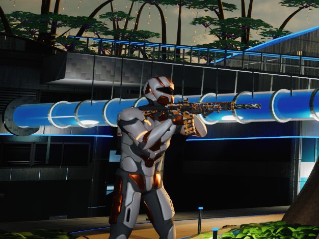 A Kinetic in white and orange armour aiming a rifle on the campus walkway.