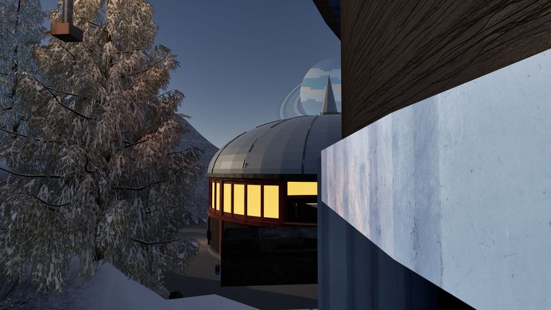 Meridian: an observatory dome among snow-covered trees.