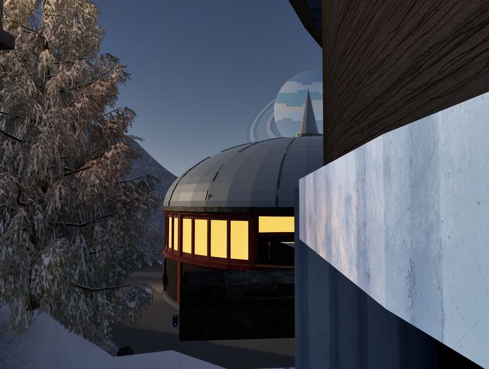 Meridian: an observatory dome with lit windows among snow-covered trees.